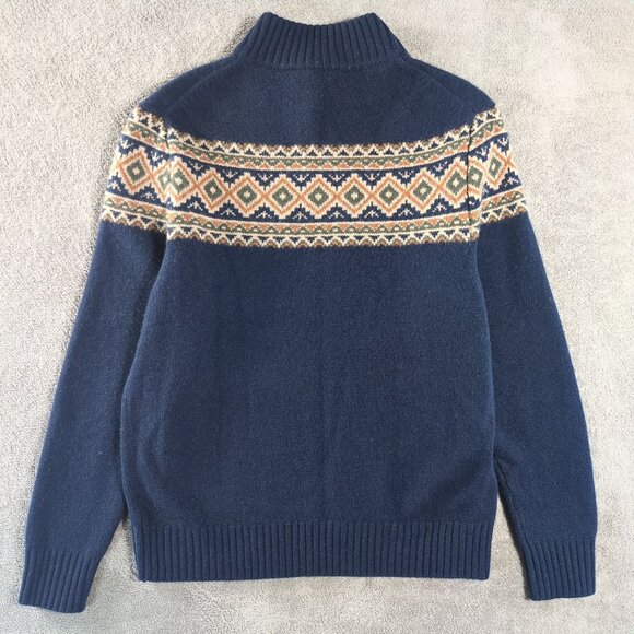 Garnet Hill 1/4 Zip Sweater Mens M 100% Cashmere Navy Aztec Washable Fair Isle - Picture 2 of 8